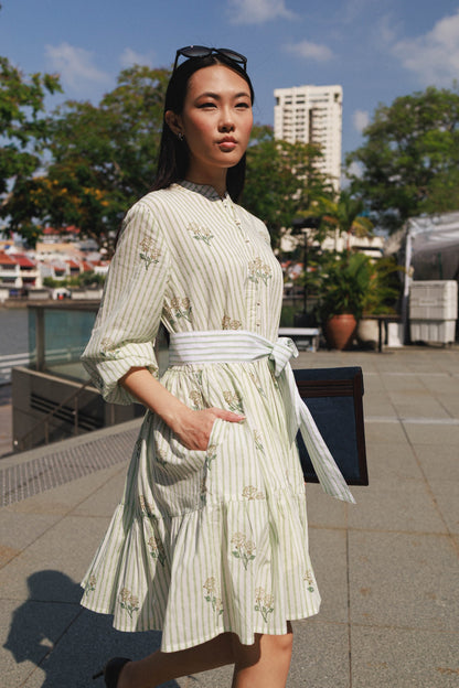 Amber rose cotton short dress Singapore block printed floral mini dress with adjustablebelt