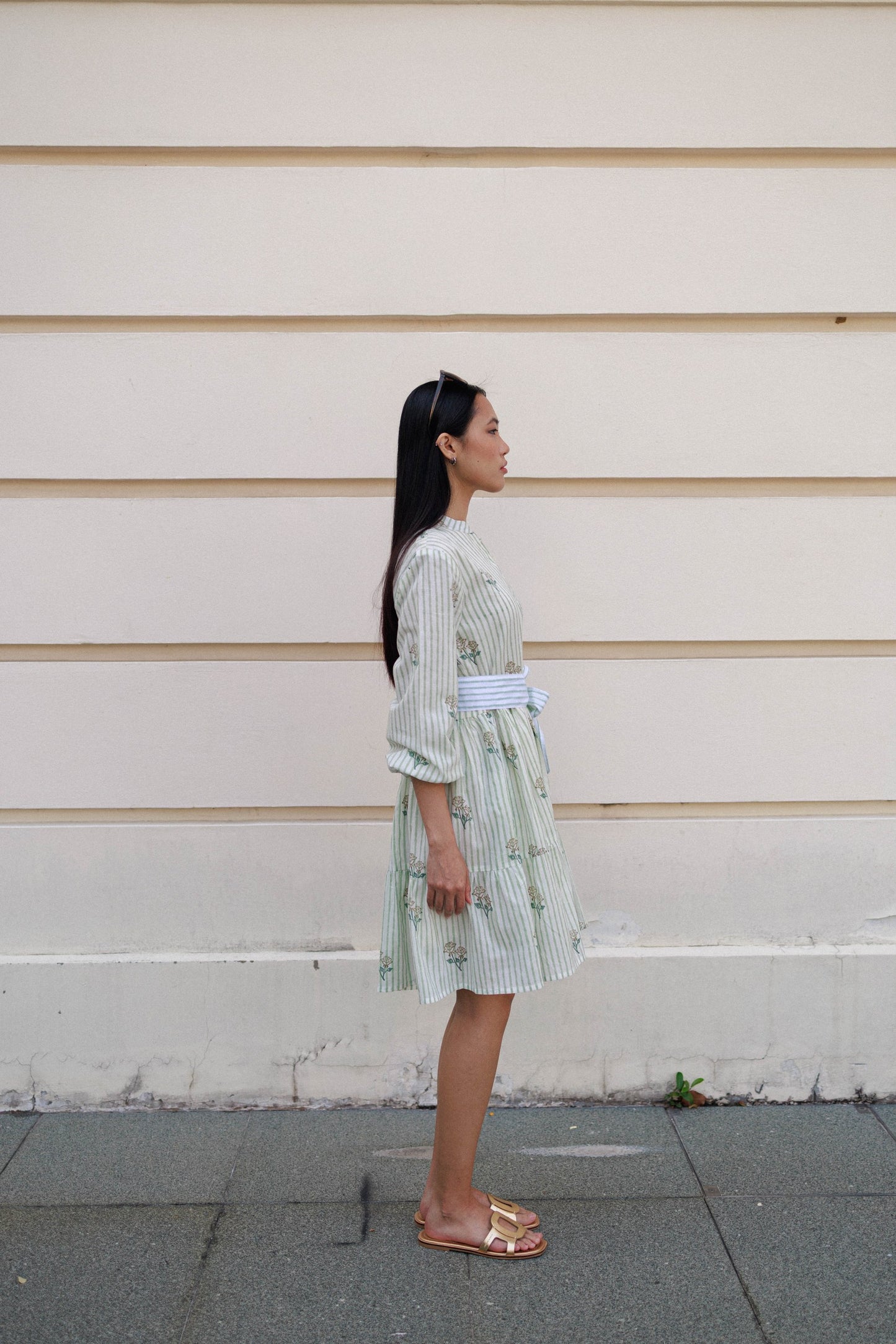 Amber rose floral block print short cottondress with pale green stripes resort wear mini dress