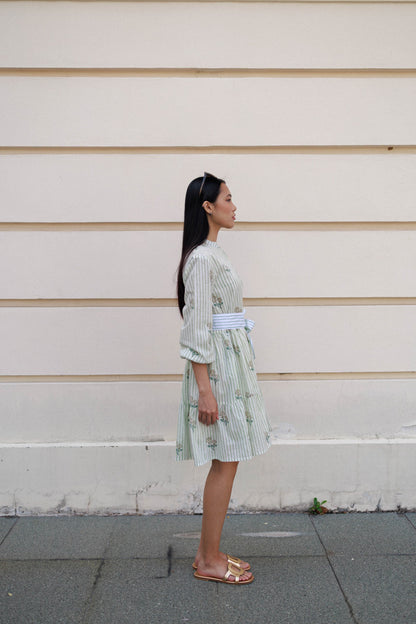 Amber rose floral block print short cottondress with pale green stripes resort wear mini dress