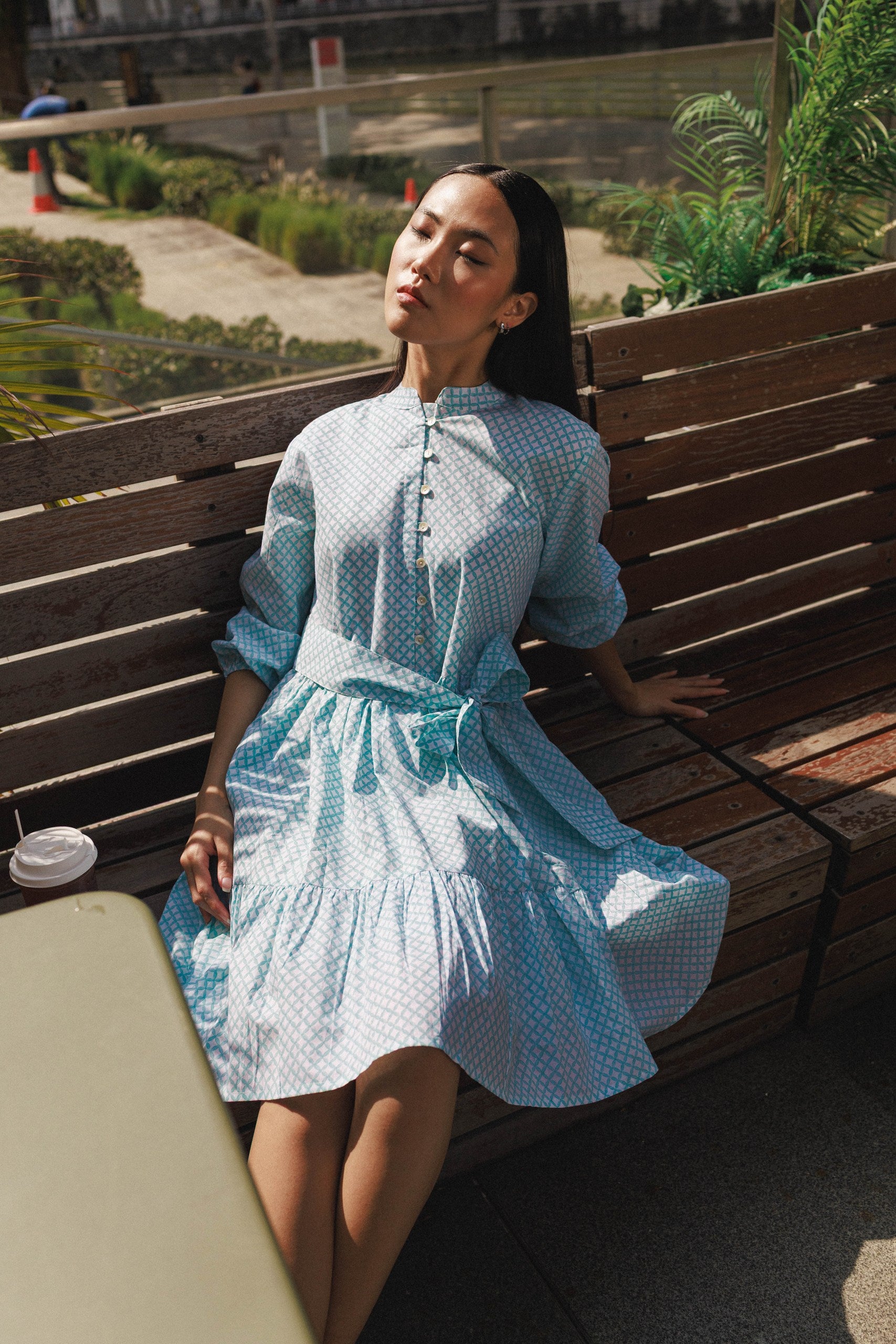 Aqua block print mini dress Singapore peranakan inspired cotton short dress with lining