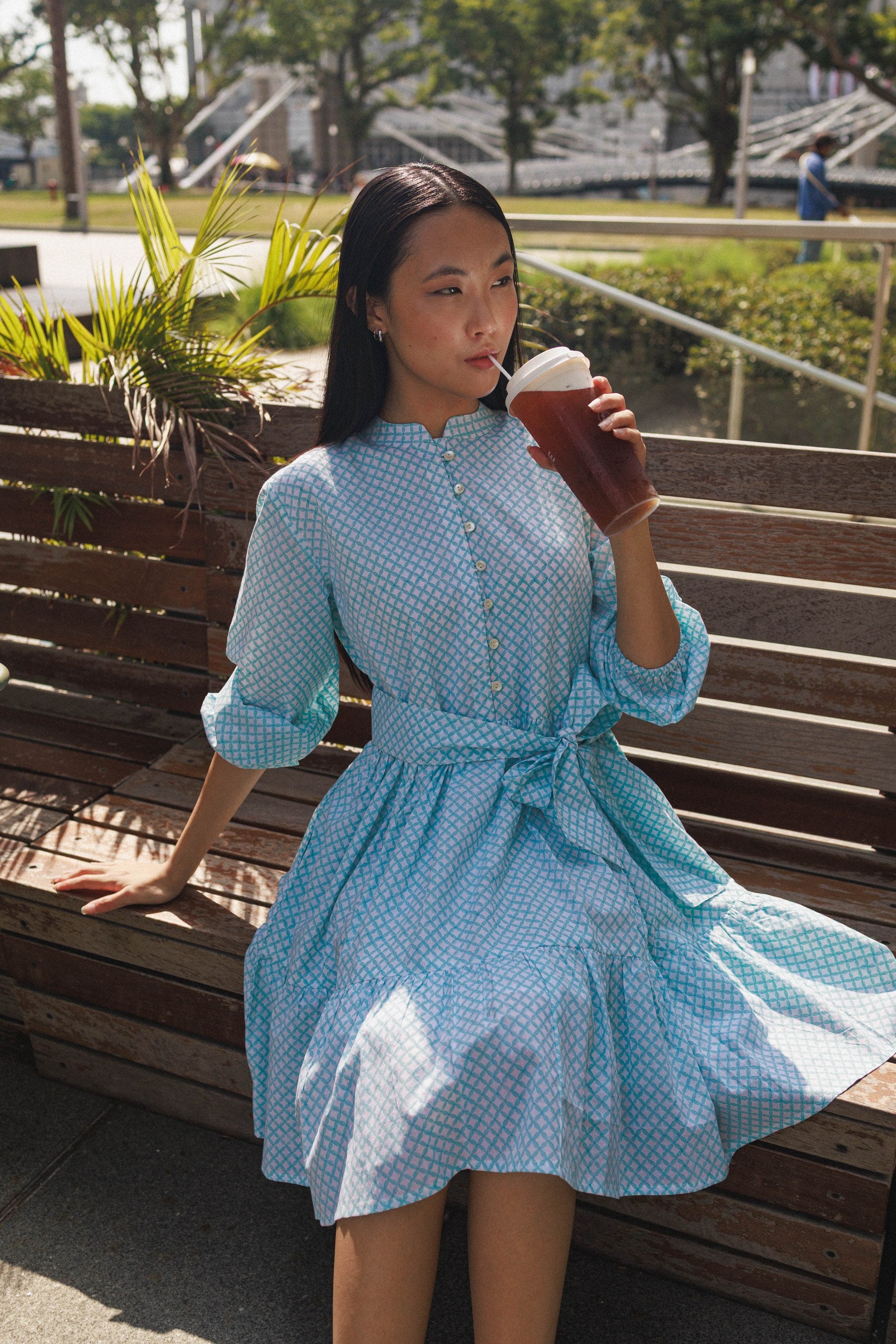 Aqua cotton mini dress Singapore block printed geometric pattern lined short dress