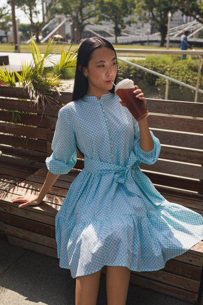 Aqua cotton mini dress Singapore block printed geometric pattern lined short dress