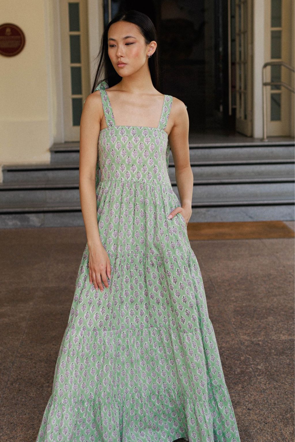 Artful House Alice Maxi Pistachio Bloom cotton block print dress Singapore online boutique