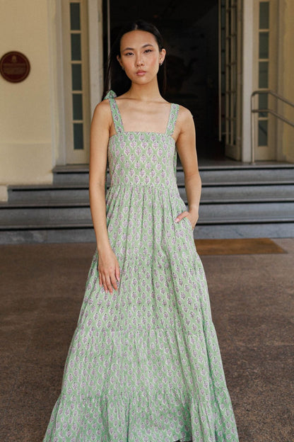 rtful House Alice Maxi Pistachio Bloomhand block printed cotton dress with lilac floral print