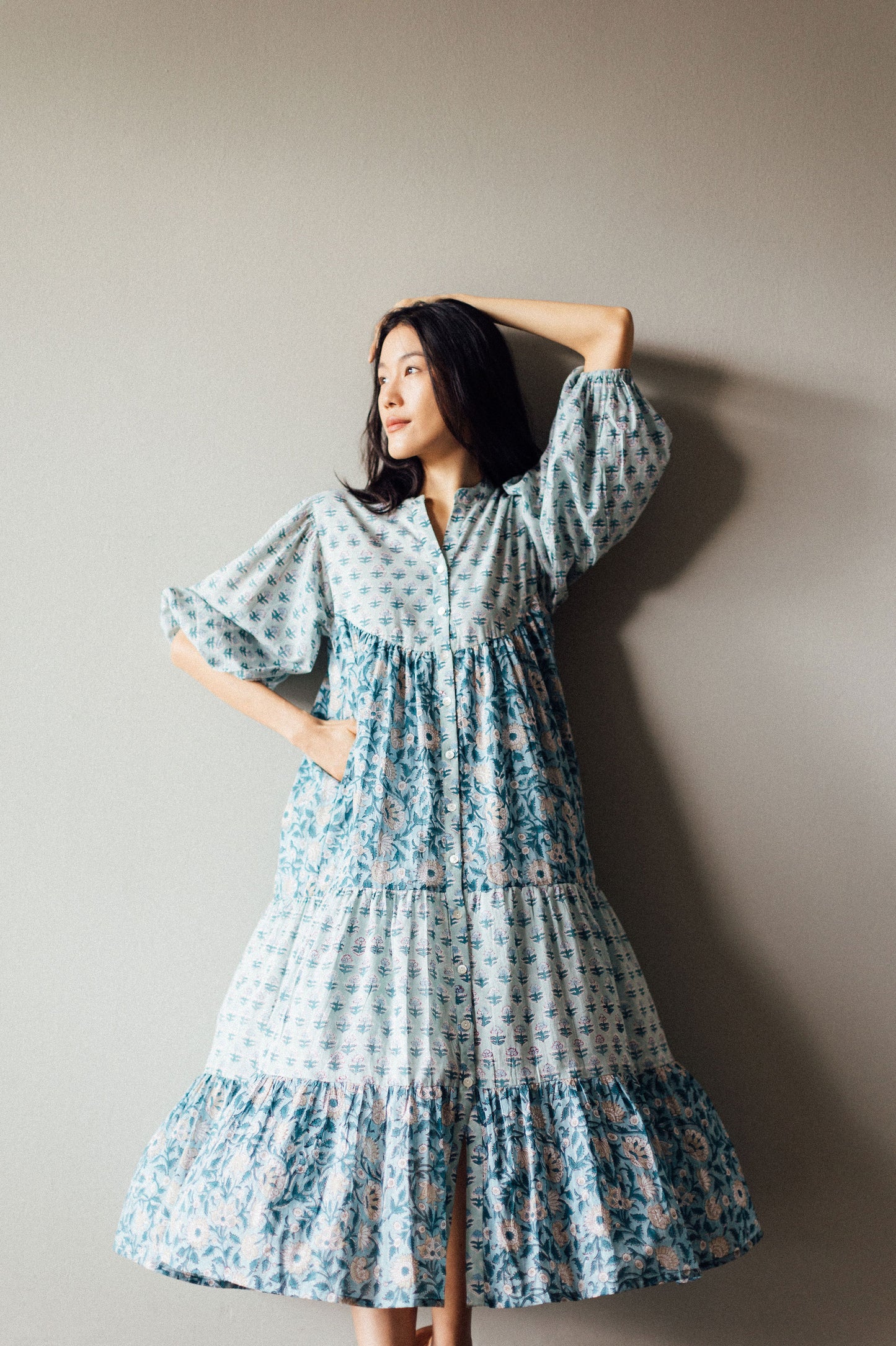 Artful House Tiered Block Print Midi Dress - Ocean Blue