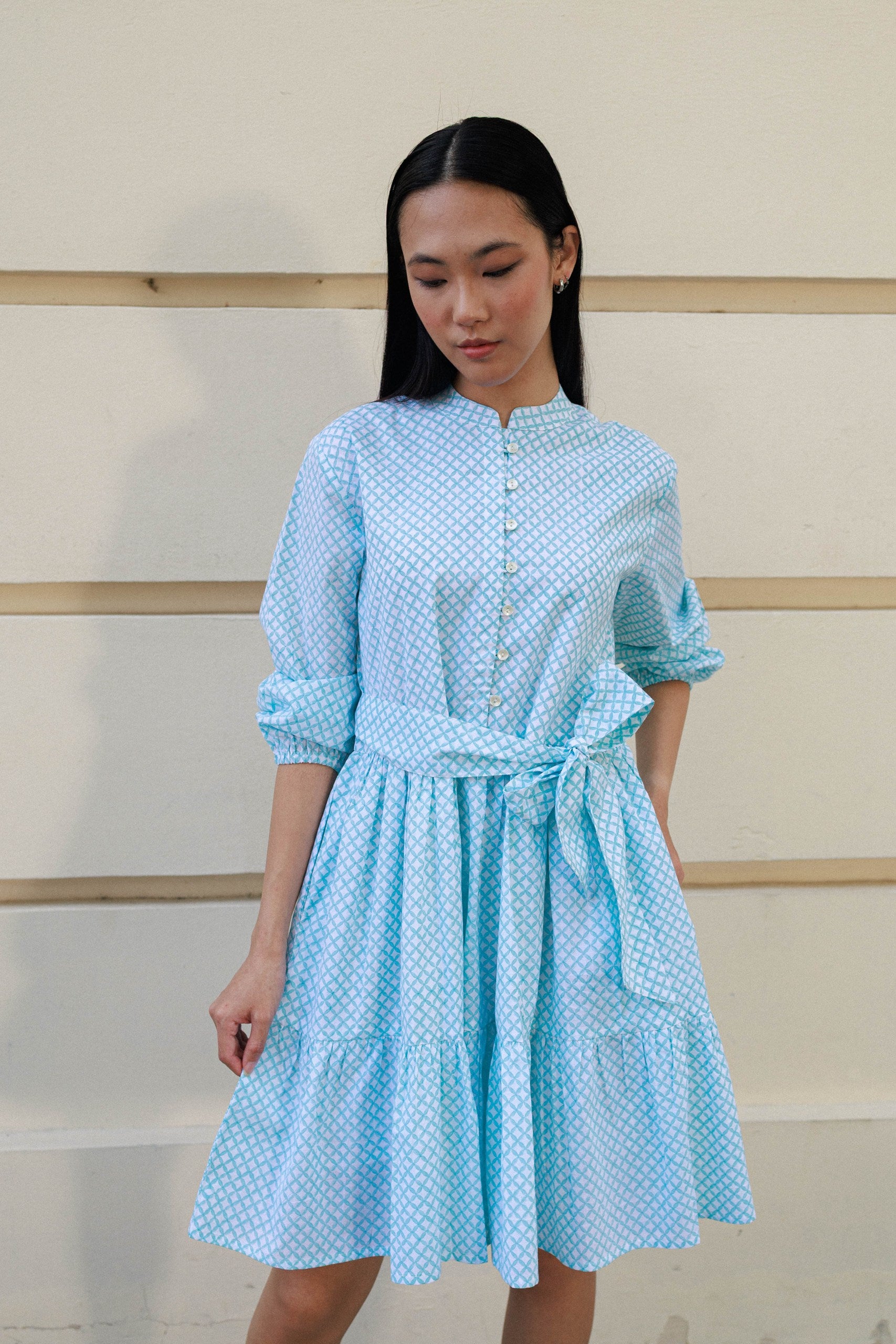 Artful House Clover Mini Peranakan Aqua cotton dress hand block printed mini dress Singapore