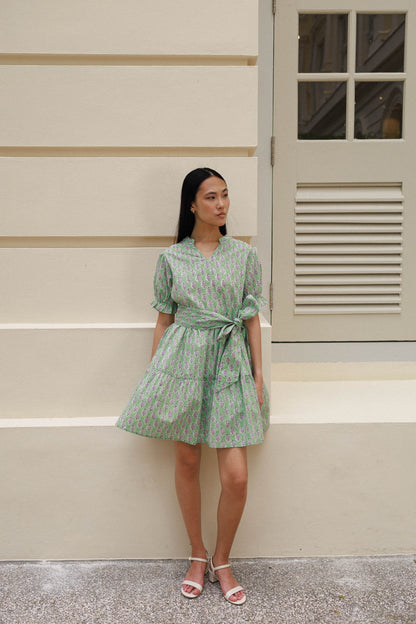 Artful House Gerbera Mini Pistachio Bloom green block print cotton dress