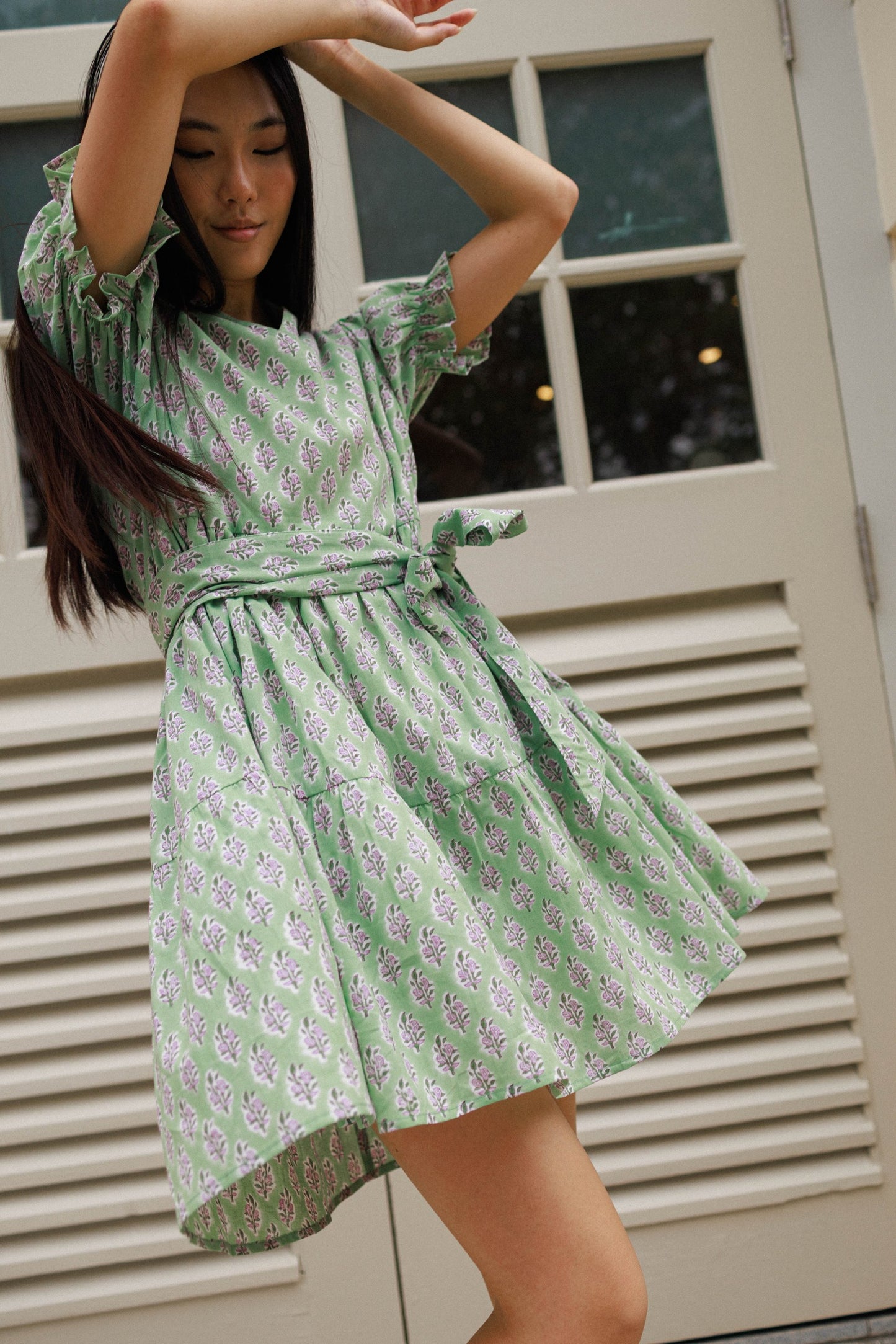 Artful House Gerbera Mini pistachio bloom cotton dress with pockets and optional sash belt styling