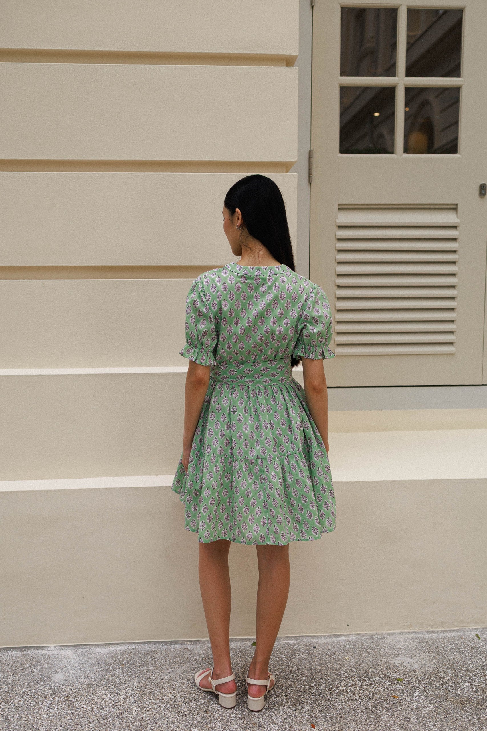 Artful House Gerbera Mini pistachio bloomshort cotton dress with belt