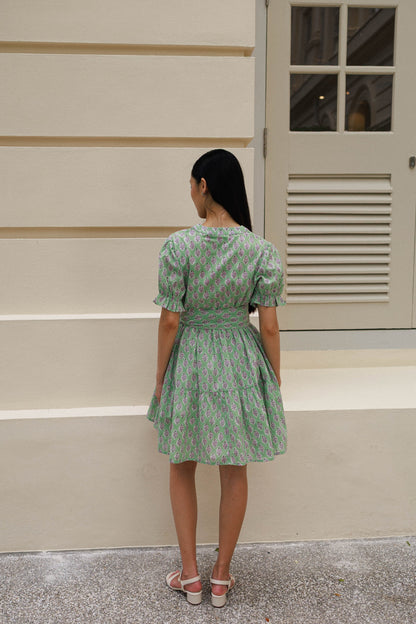 Artful House Gerbera Mini pistachio bloomshort cotton dress with belt