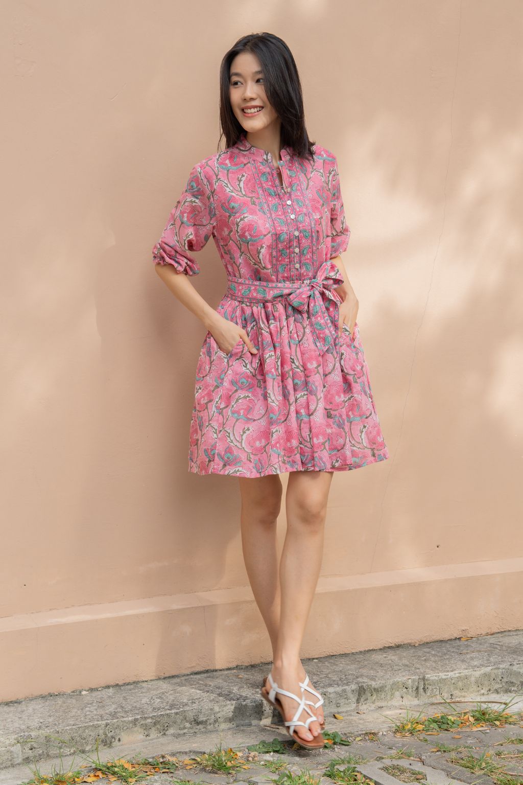 Artful House Marigold Mini short cotton dress in strawberry pink summer palette