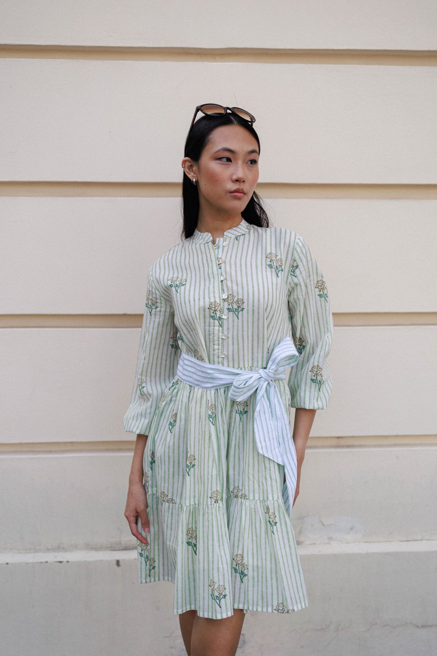 Artful House amber rose mini dress hand block printed cotton short dress peranakan floral design