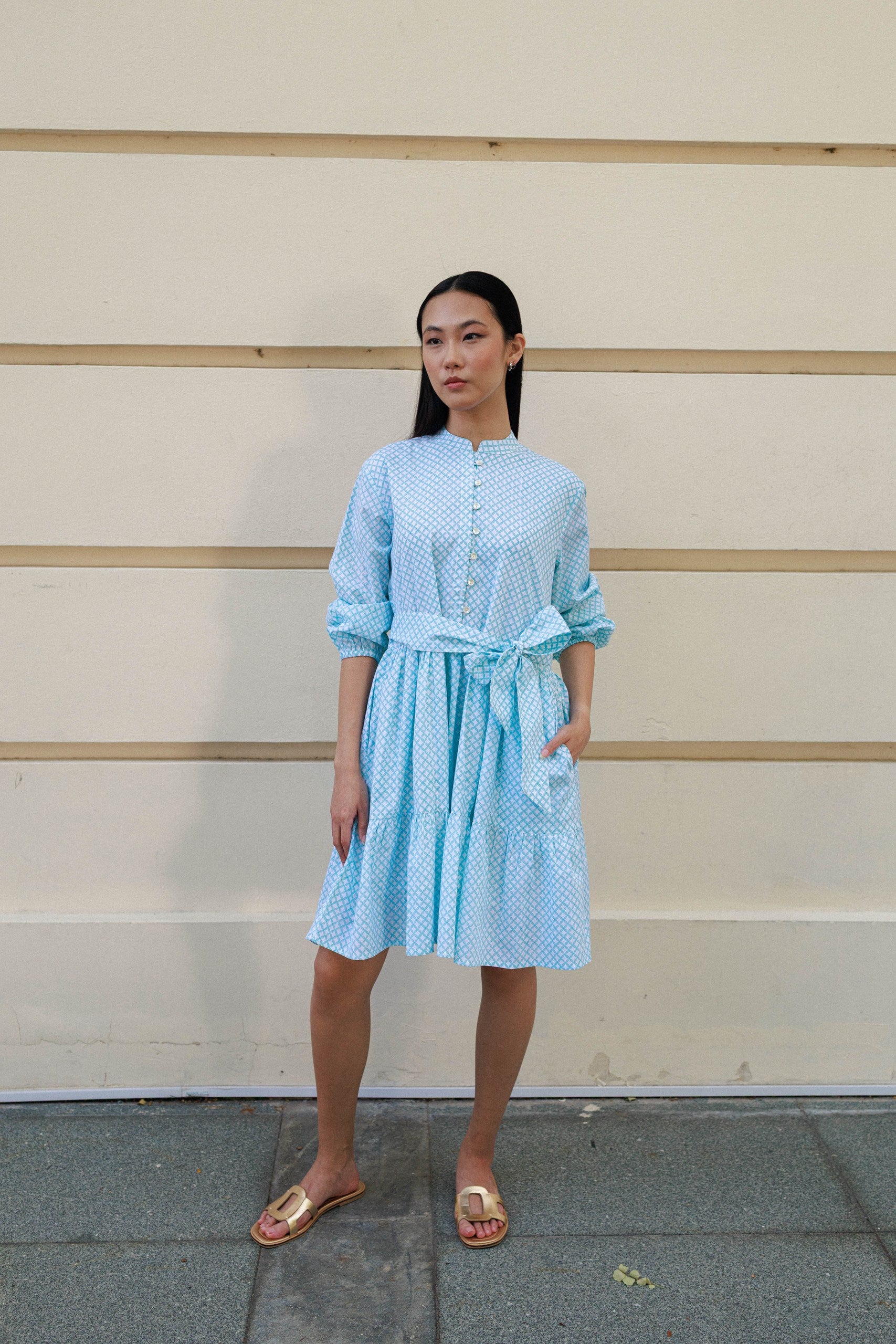 Artful House aqua cotton dress Singapore geometric block print mini dress with lining