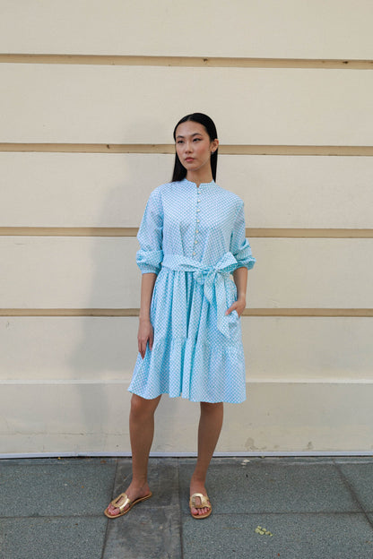 Artful House aqua cotton dress Singapore geometric block print mini dress with lining