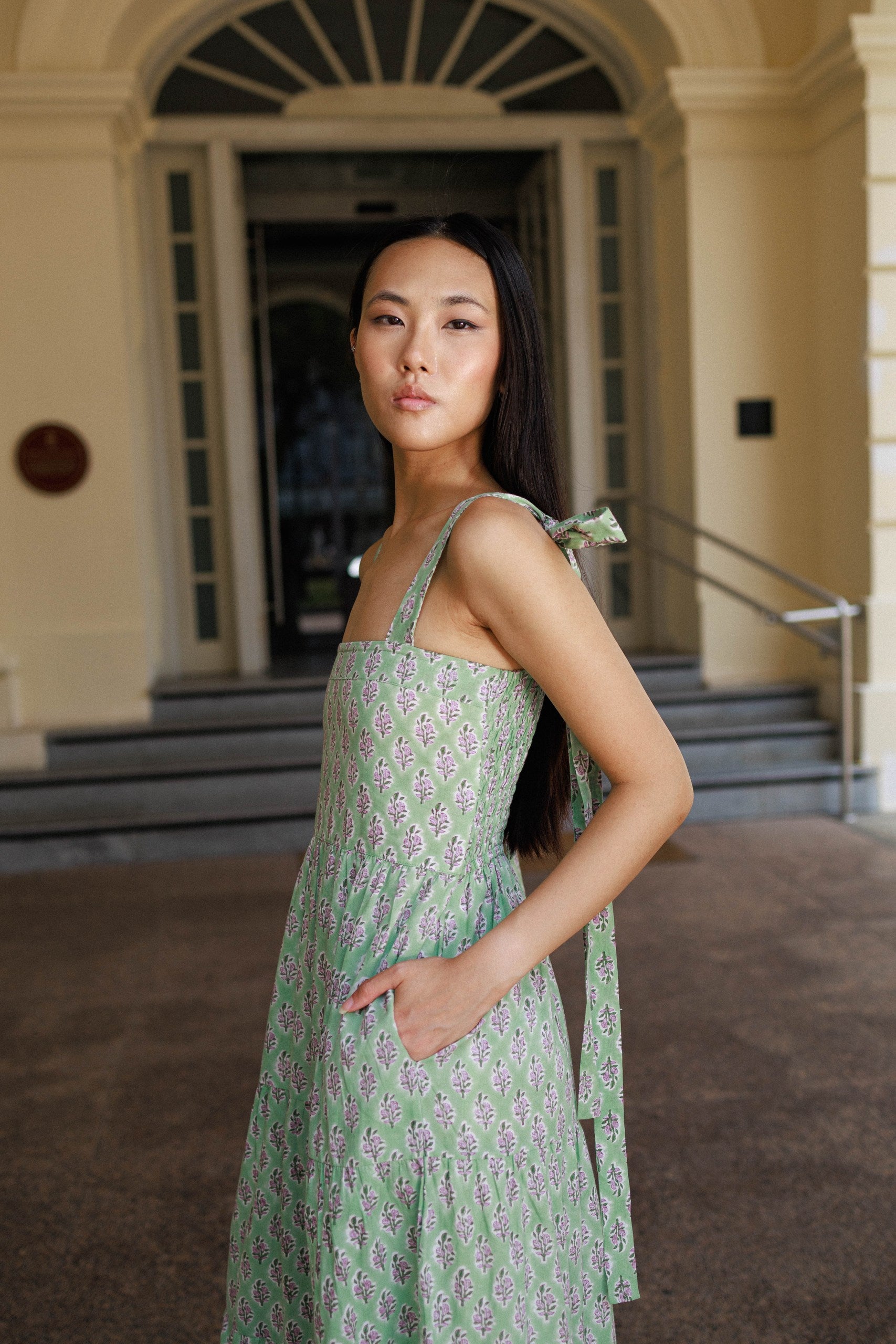 Artful House cotton maxi dress pistachiobloom block printed floral resort wear with pockets