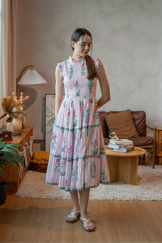 Rose Smocked Midi - Garden Stripes