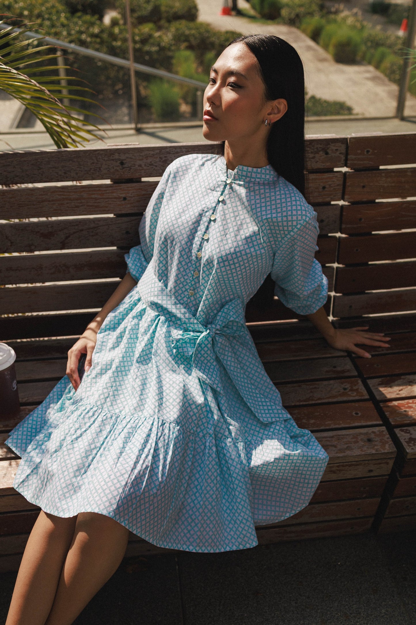 Artful Housec otton mini dress peranakanaqua geometric print with sash belt Singapore