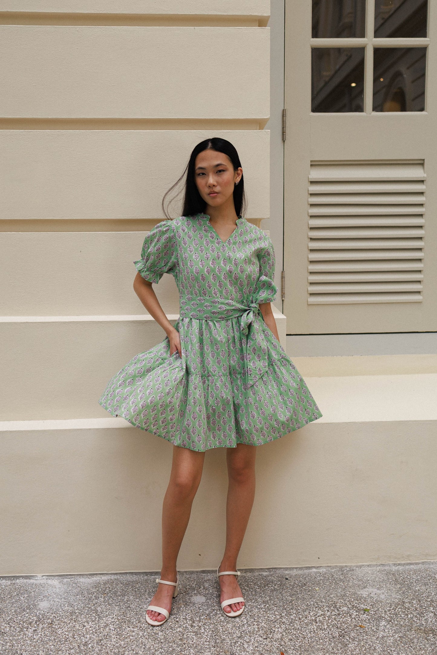 Artful House green mini dress with floral block print lined cotton dress