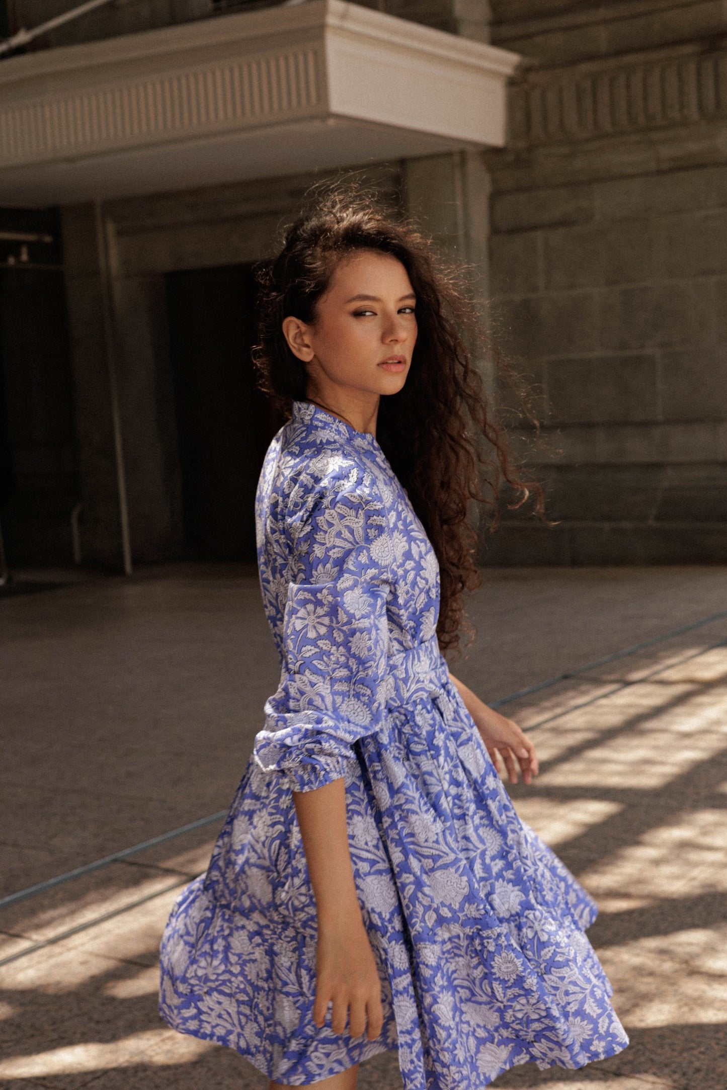 Artful House lavender cotton dress with delicate floral motifs, lined construction and effortless summer style.