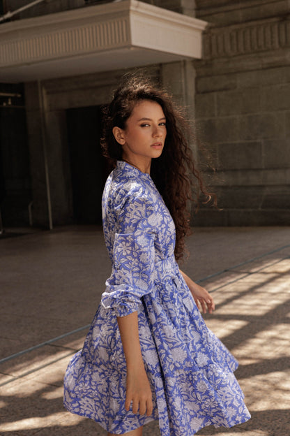 Artful House lavender cotton dress with delicate floral motifs, lined construction and effortless summer style.