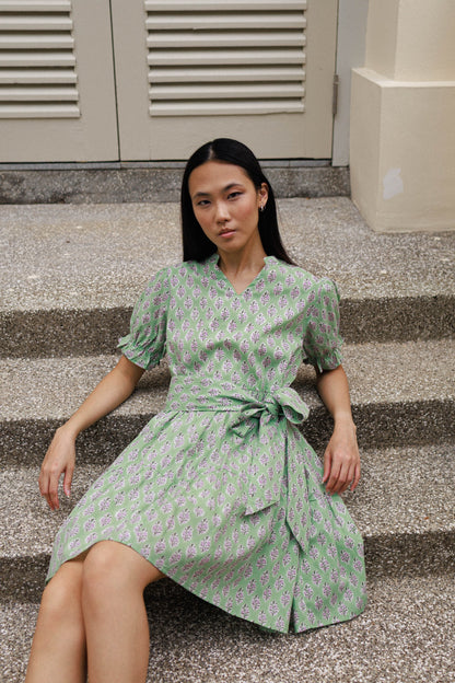 Artful House pistachio bloom dress breathable cotton floral mini dress