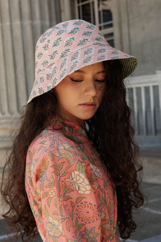 Artful House reversible block print fabric bucket hat in Jaipur Pink and Holly floral print