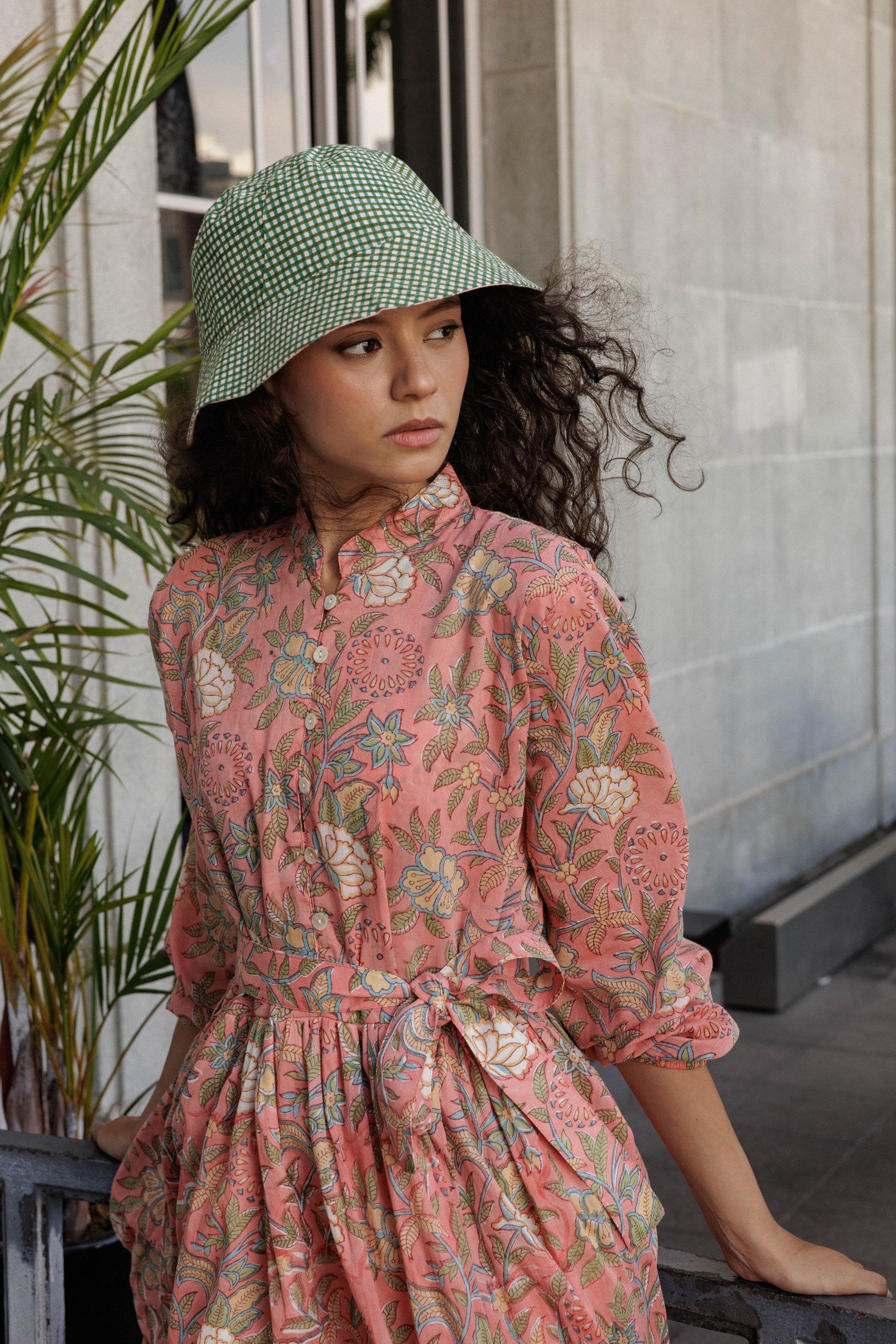 Artful House reversible floral bucket hat in Pistachio Bloom and Holly cotton prints