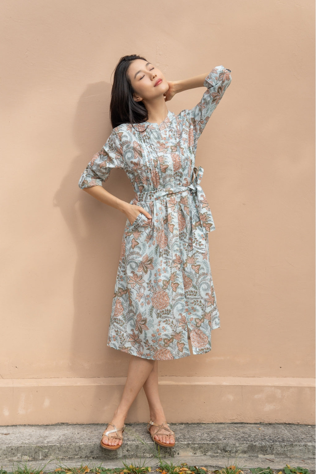 Artful House Tulip Midi Apricot floral block print dress