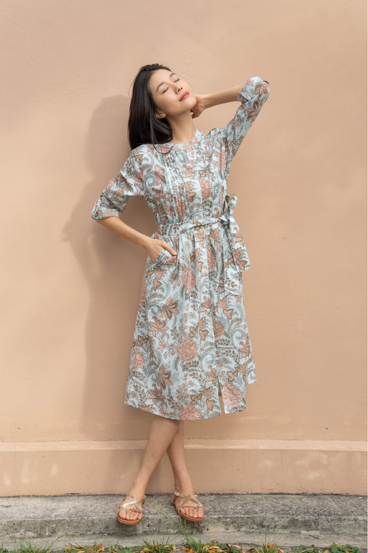 Artful House Tulip Midi Apricot floral block print dress