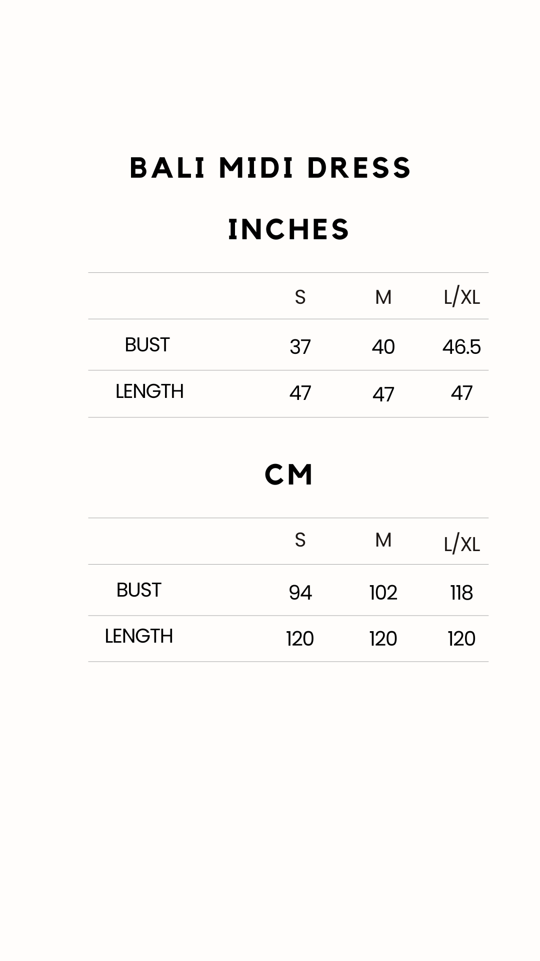 Size chart Small Medium Large XL sizes available