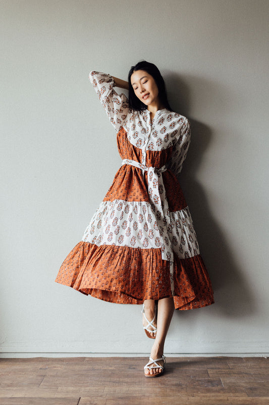 Block Printed Tiered Midi Dress in floral paisley print