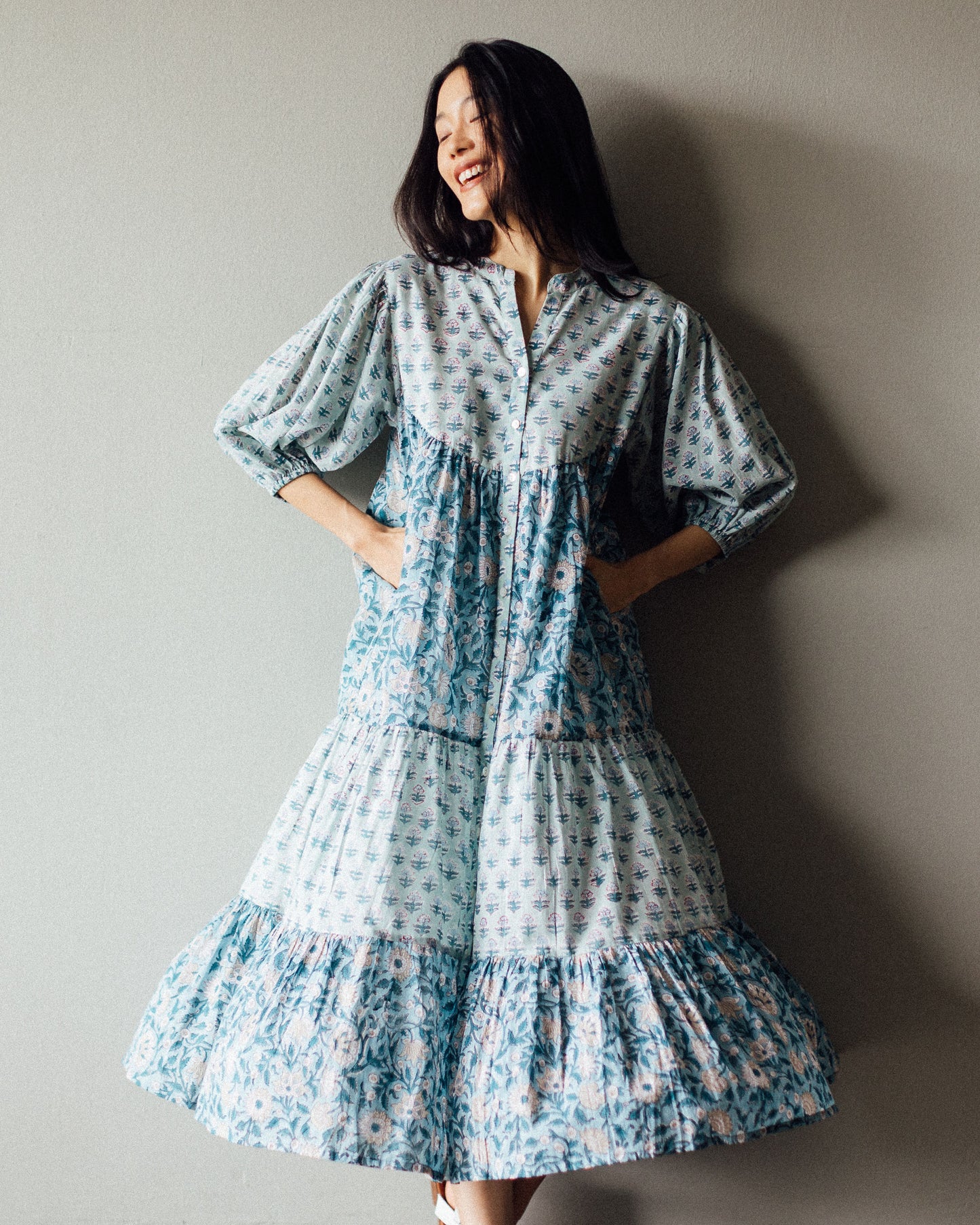 Bali Tiered Block Print Midi Dress Ocean Blue