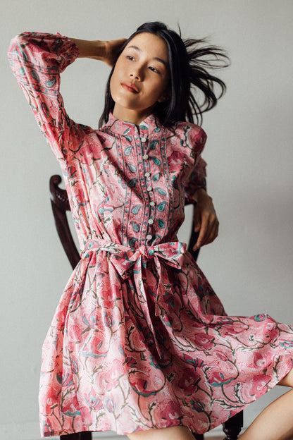 Block print mini dress with lining and belt