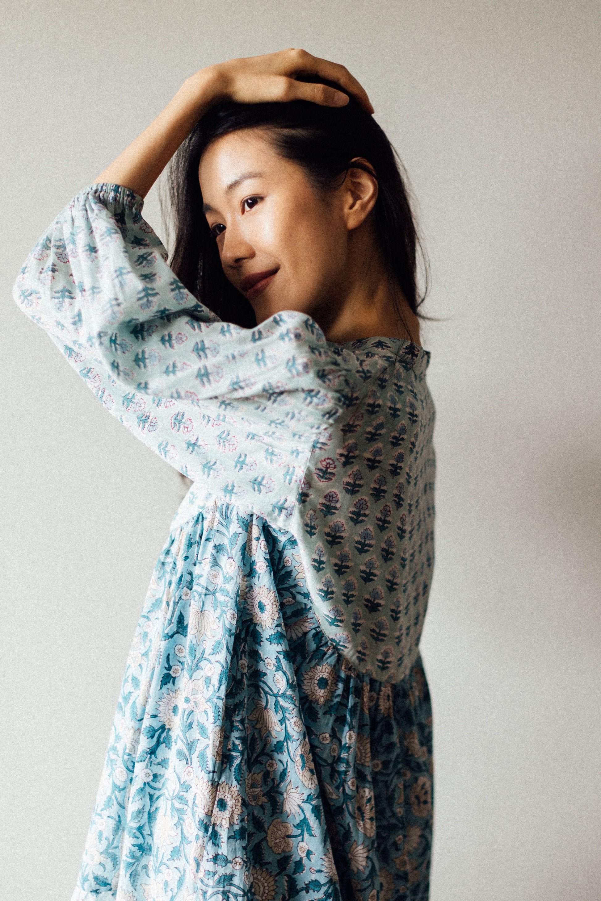Artful House Block Print Midi Dress with Elasticated Baloon Sleeves