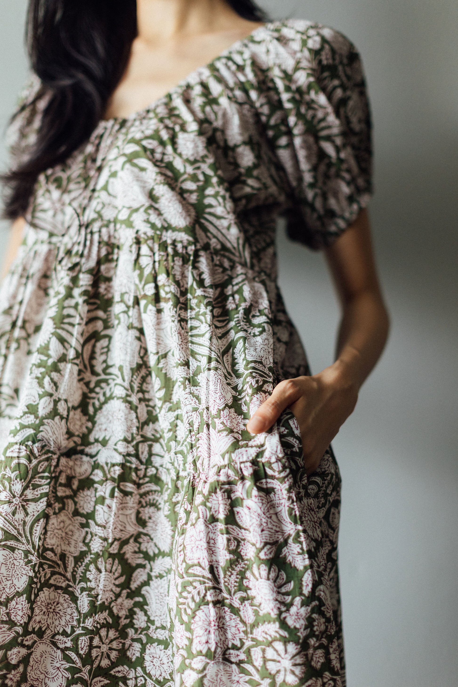 Block print dress with pockets and lining