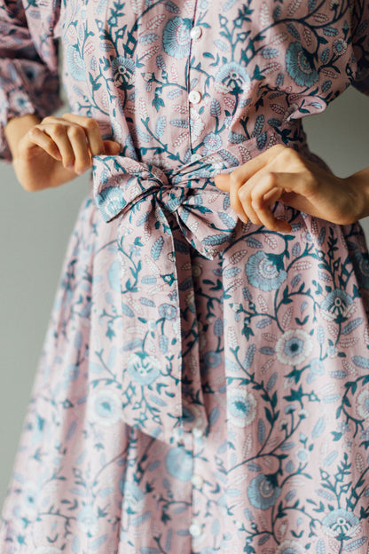 Block print dress with sash belt