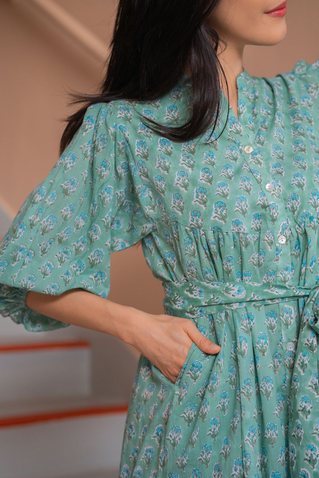 Block print dress with pockets