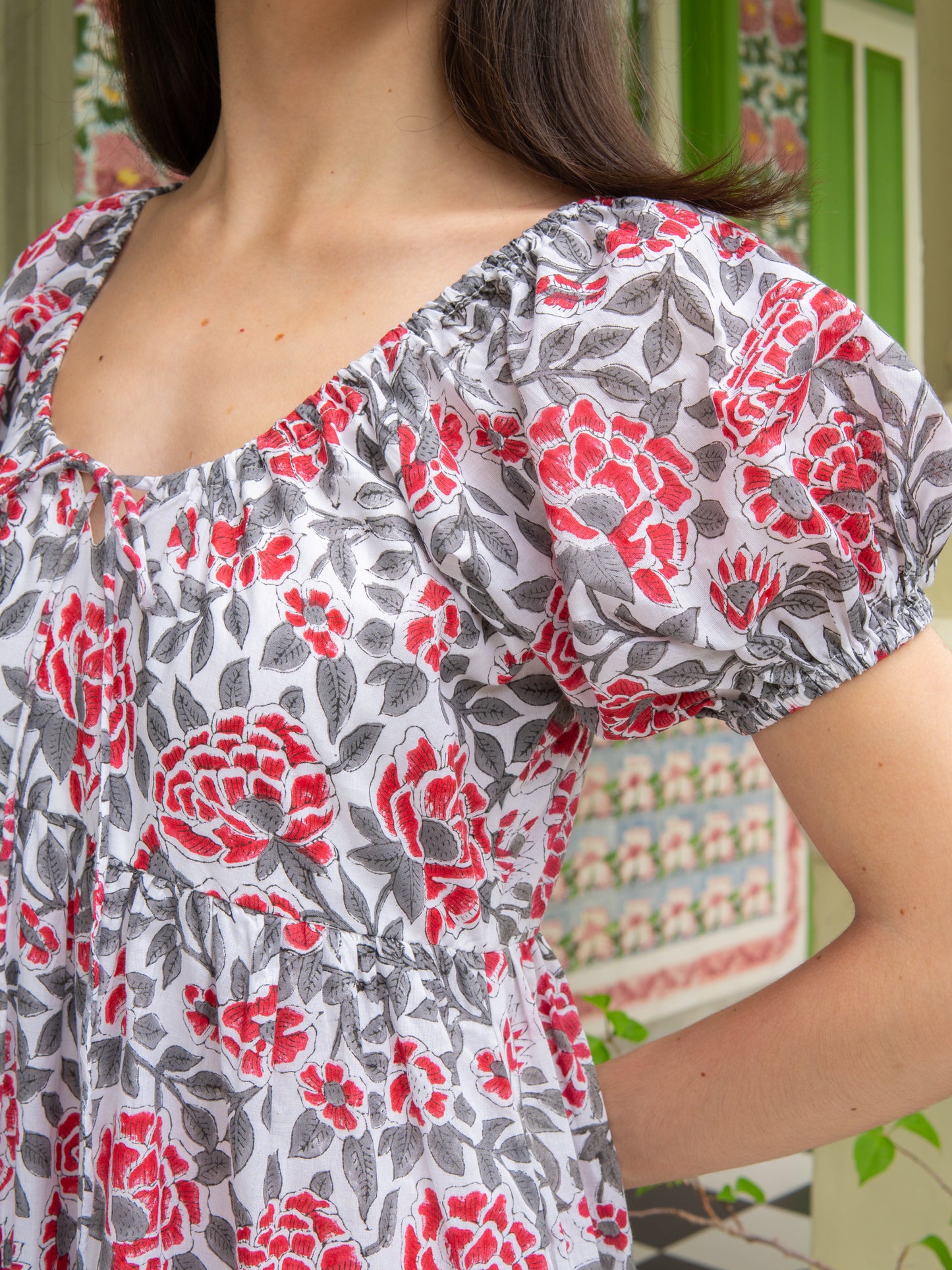 Red and white block print dress with short sleeves