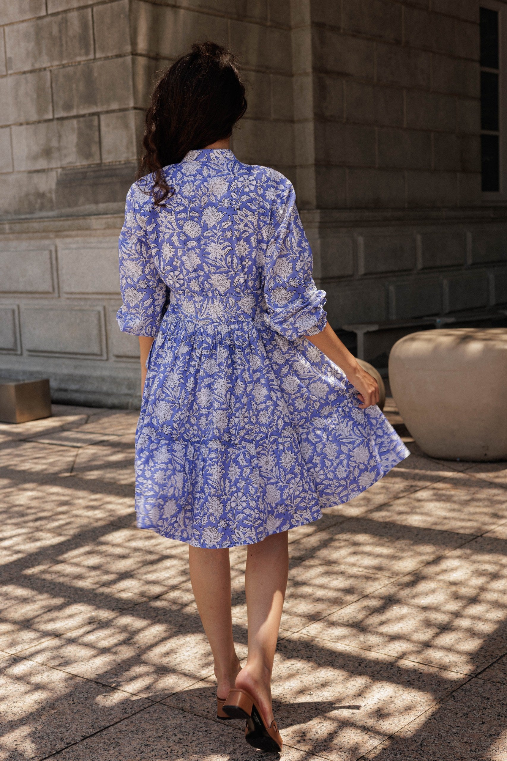 Block printed lavender dress for women featuring a flattering mini silhouette and handcrafted details.