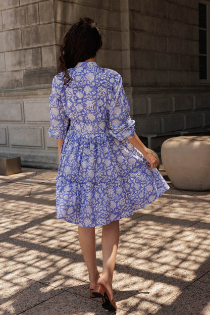 Block printed lavender dress for women featuring a flattering mini silhouette and handcrafted details.