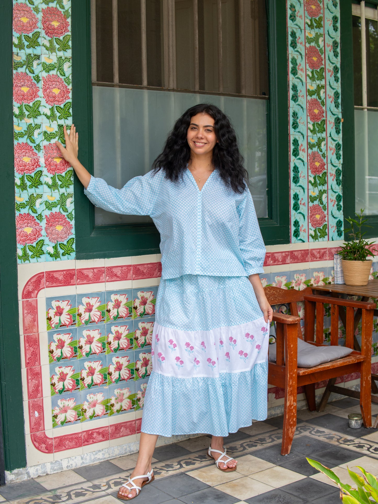 Artful House Emerald Hill Tiered Skirt in turquoise and pink with hand block-printed Peranakan rose motifs, artisan-made cotton skirt inspired by Singapore shophouse tiles. Great singapore leaving gift as well
