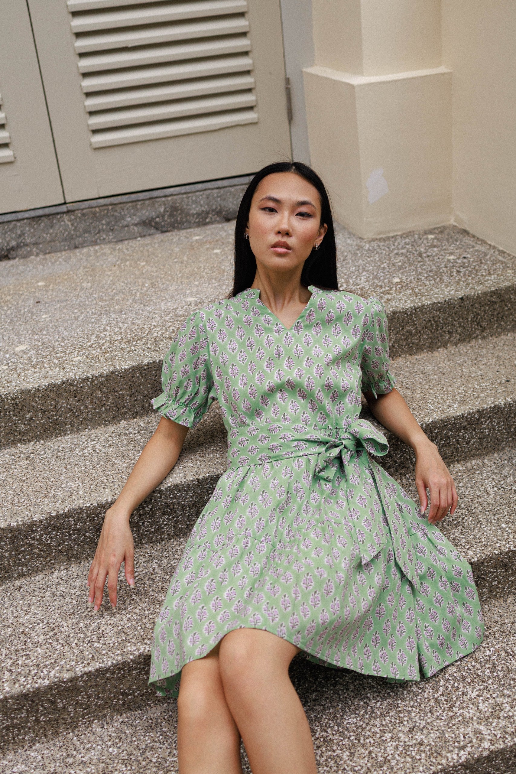 Block print mini dress green lilac floral cotton lined summer outfit