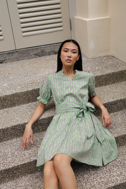 Block print mini dress green lilac floral cotton lined summer outfit