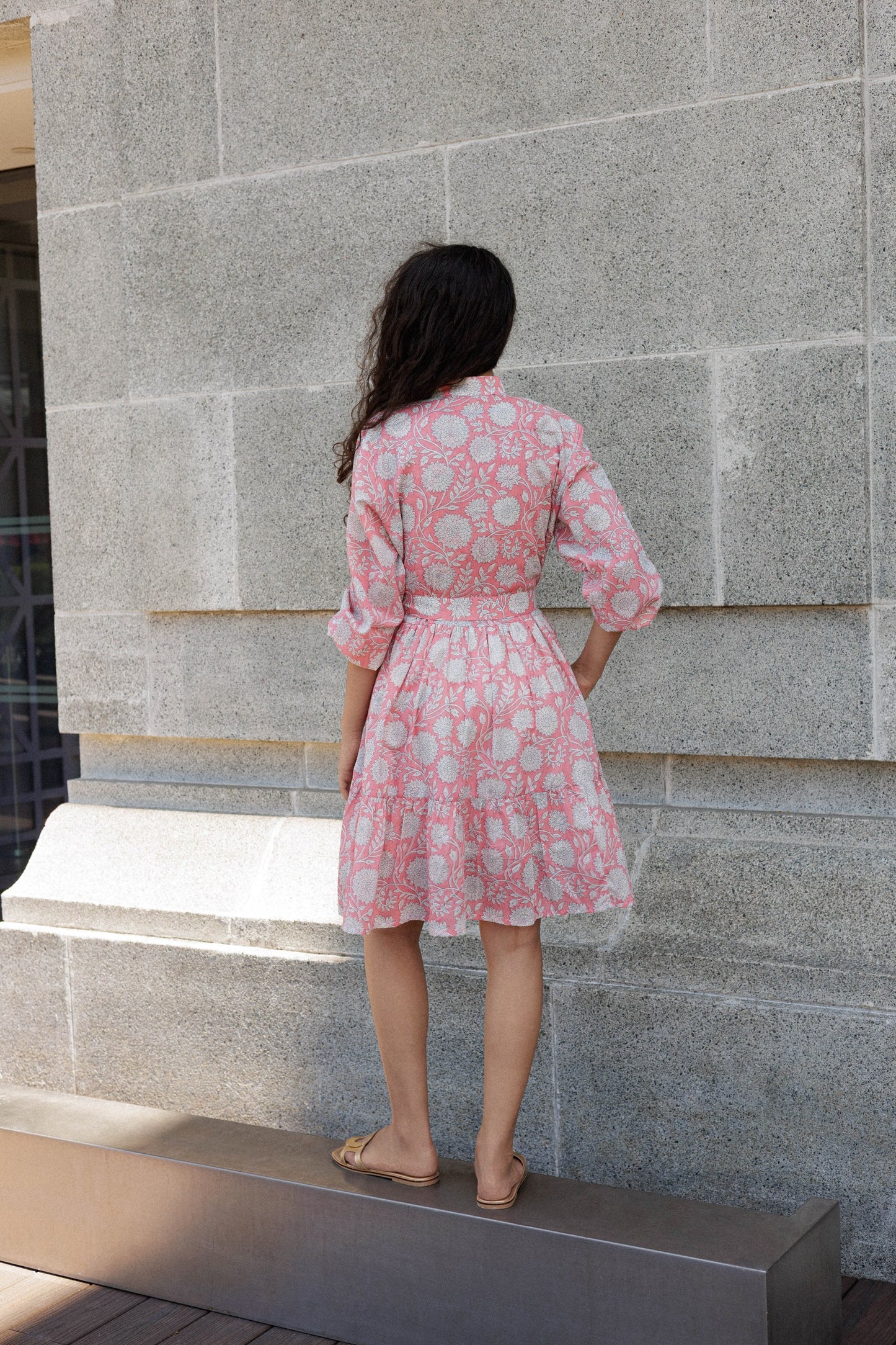 Breathable hand block printed cotton mini dress with lining and pockets in soft peach floral print for summer styling
