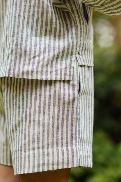 Breathable slate linen top with relaxed fit and modern collar paired with matching shorts