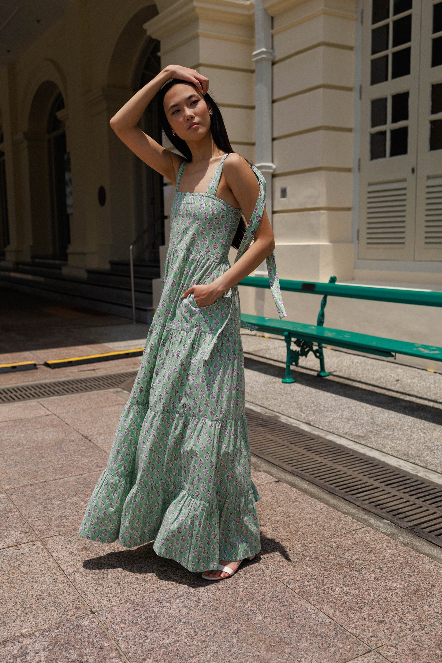 Buy hand block printed cotton maxi dress Singapore pistachio bloom floral dress