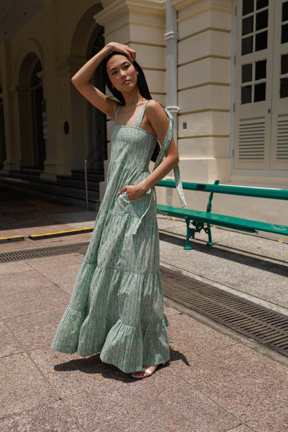 Buy hand block printed cotton maxi dress Singapore pistachio bloom floral dress