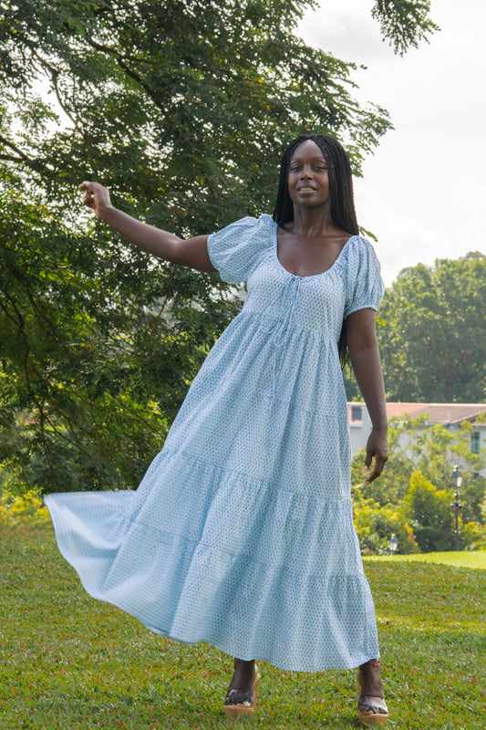 Byron Bay Long Maxi Dress block printed with tiny blue flowers
