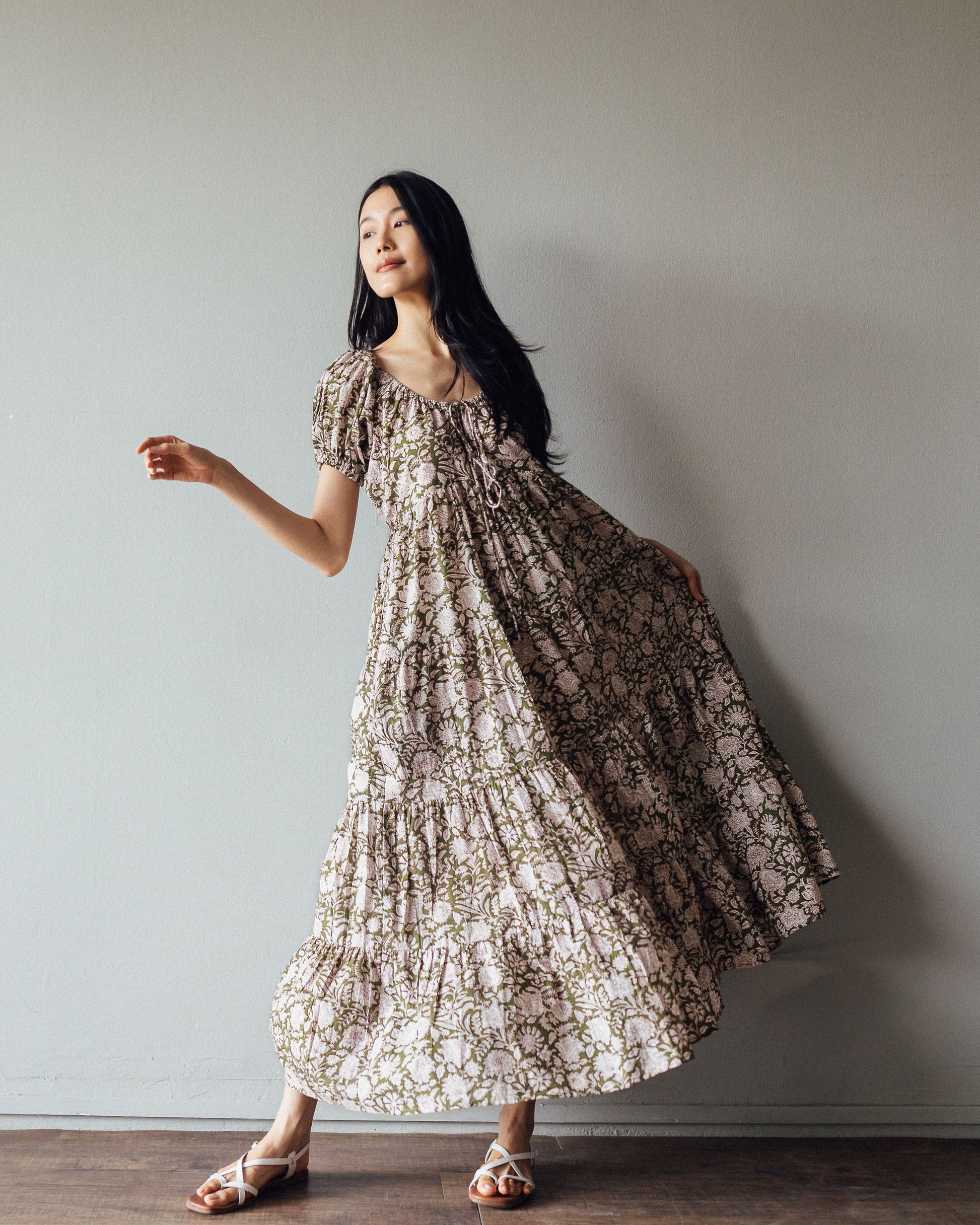 Shop Byron Bay Long Maxi Dress in Olive Floral Block Print online