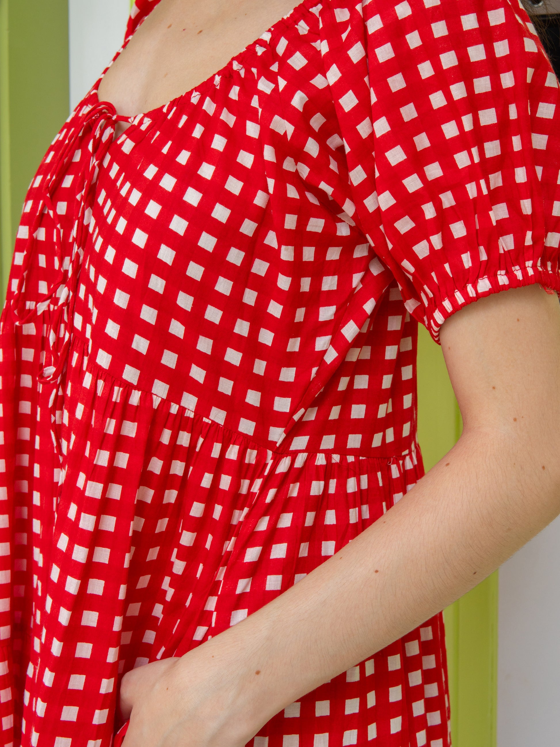 Byron Bay Maxi dress in red gingham checks with pockets